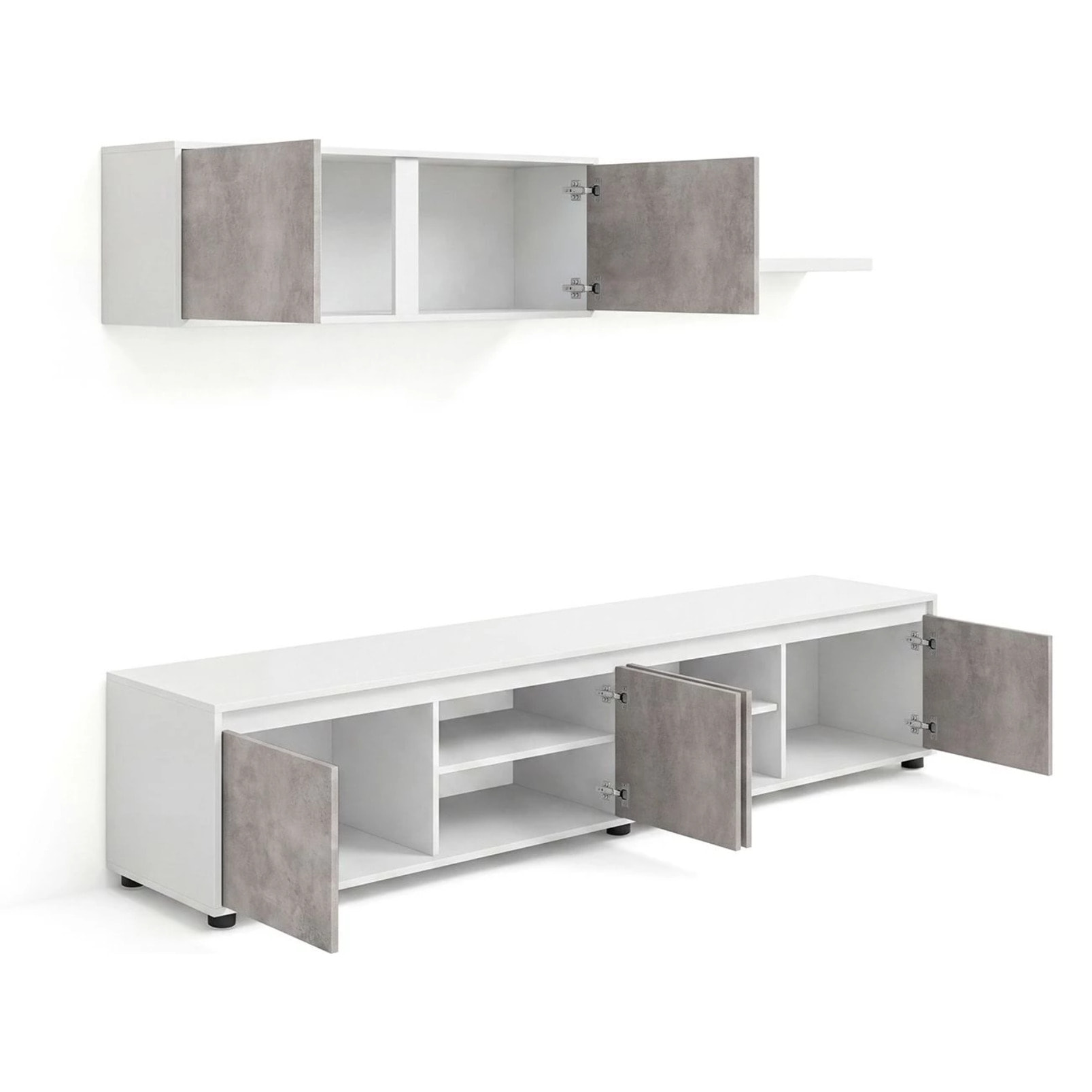 Salón con mueble de TV y estantería en blanco artik y gris cemento 200 cm Arlet Blanco Artik (Blanco Mate) - Gris Cemento