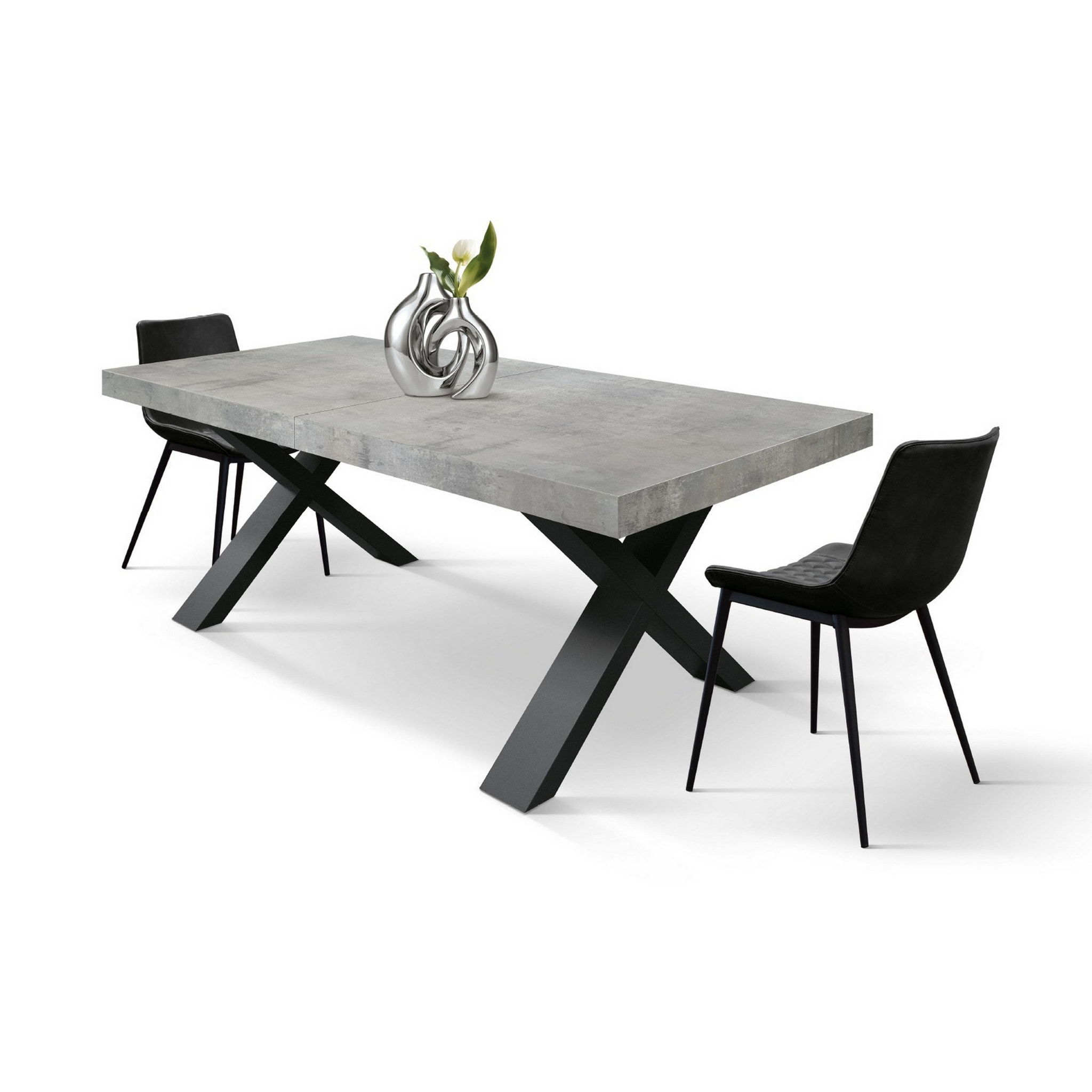 Tavolo allungabile AMALFI in legno grigio cemento e gambe a X antracite, allungabile 180x90 cm - 260x90 cm