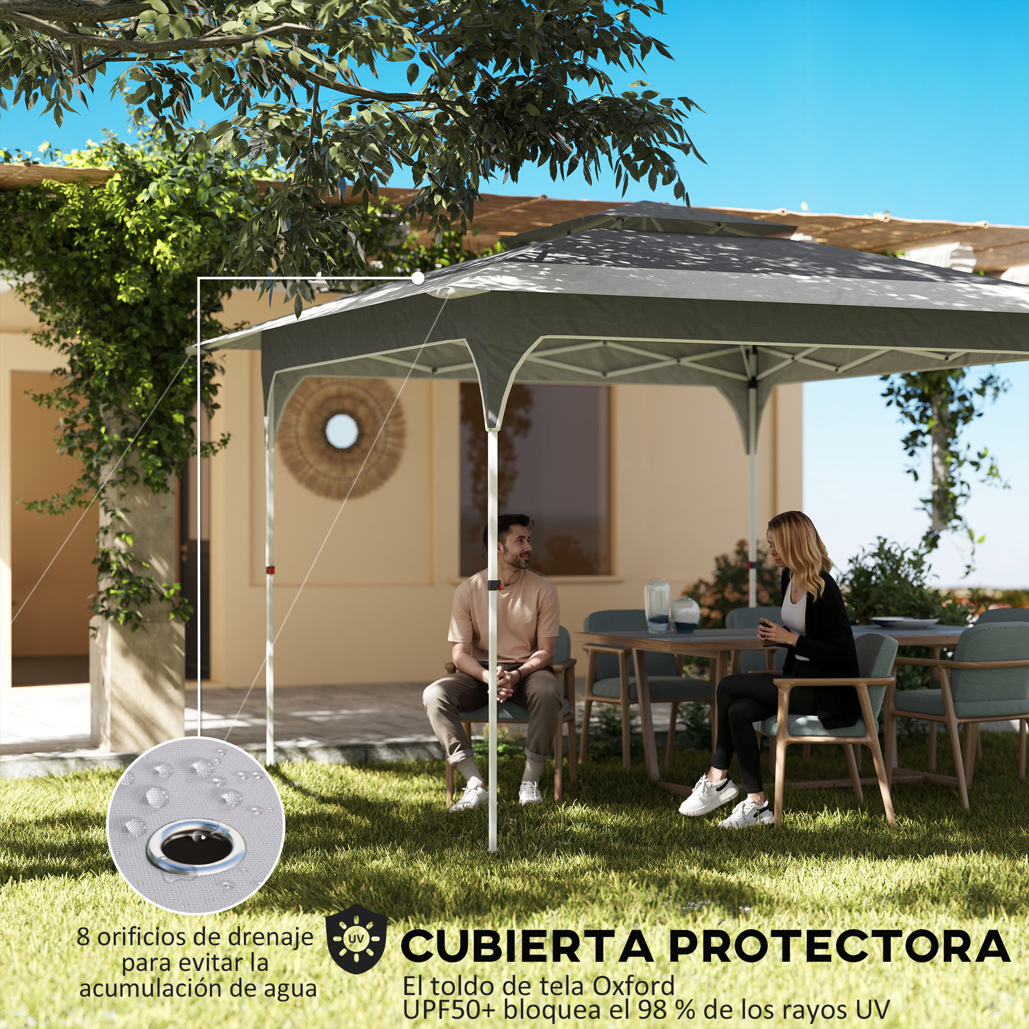 Carpa Plegable 3,5x3,5 m, Pop-up, Cenador Pabellón de Jardín con Doble Techo, Cierre Central, UPF50+, Altura Ajustable de 3 Niveles y Bolsa de Transporte, Gazebo para Fiestas, Exterior, Gris