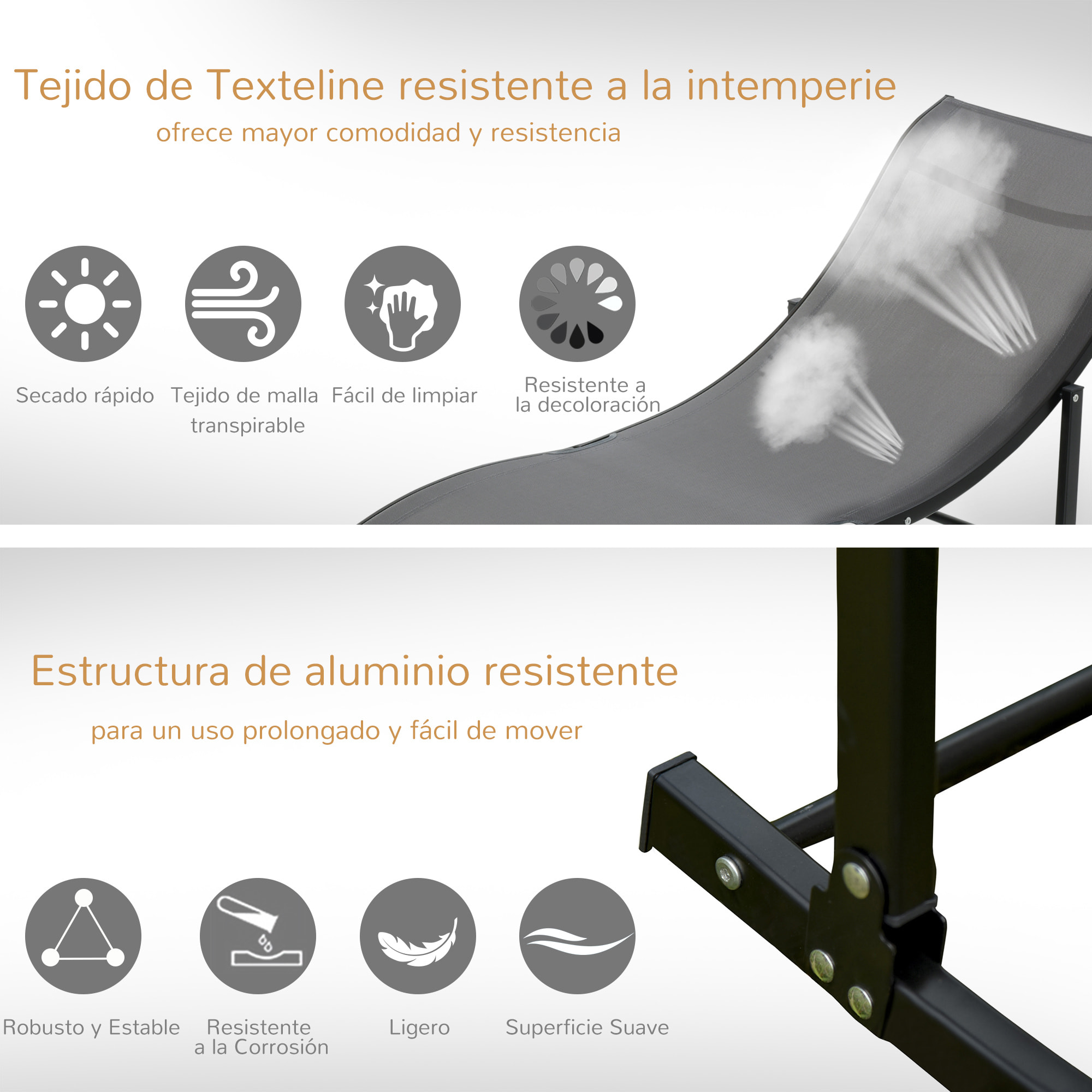 2 Tumbonas Plegables en Forma de S Aluminio Texteline para Piscina Terraza Gris