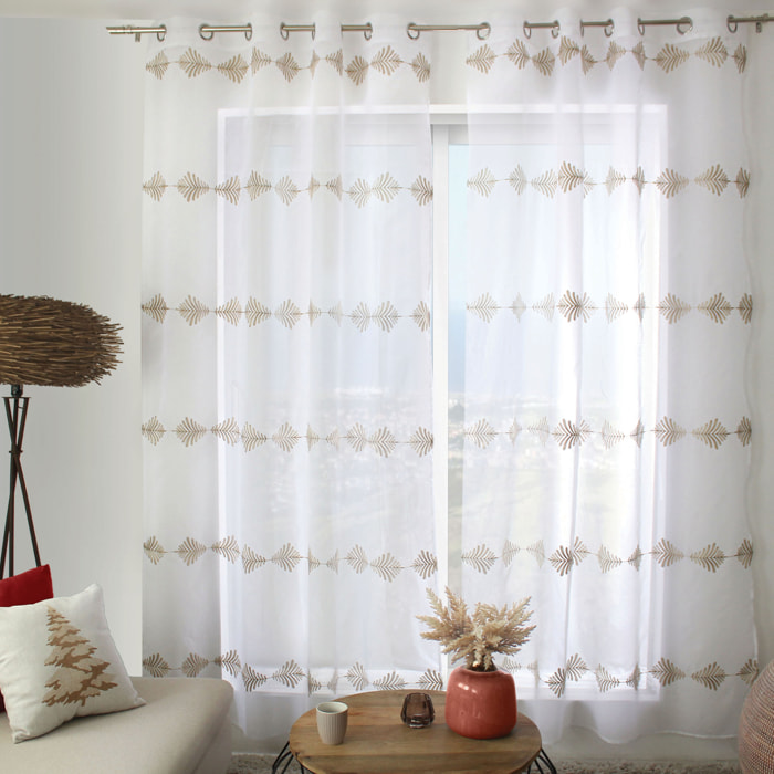 Voilage brodé motif végétal en lignes - Beige