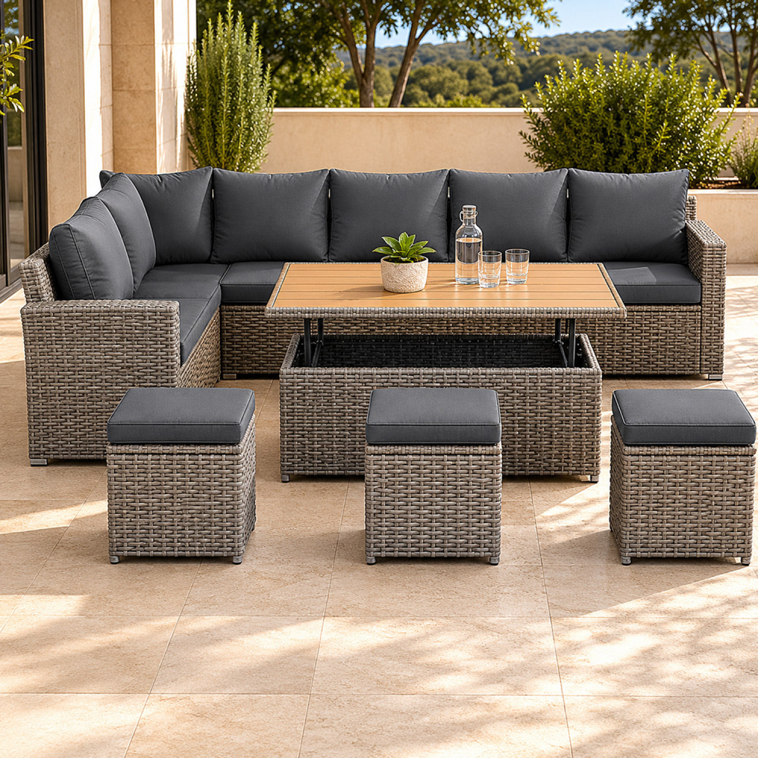 Salon de jardin modulable 9 places en résine tressée avec table relevable effet bois BELEM