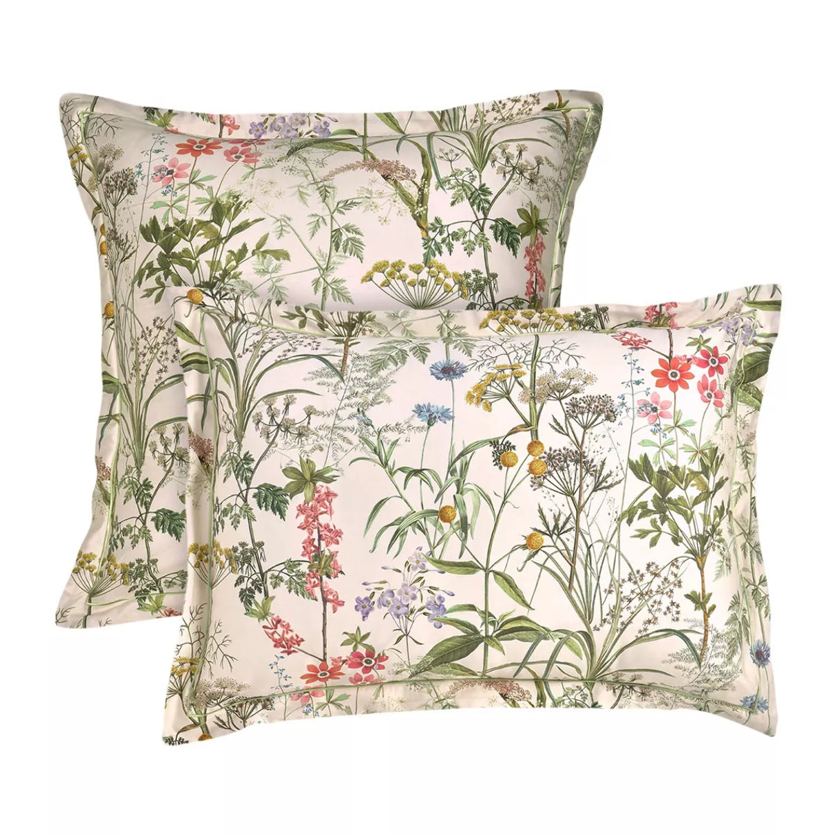 Taie d'oreiller satin de coton imprimé rose beige vert Prairie legere beige