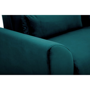 Canapé scandinave 3 places en tissu velours bleu pétrole et bois clair EKTOR