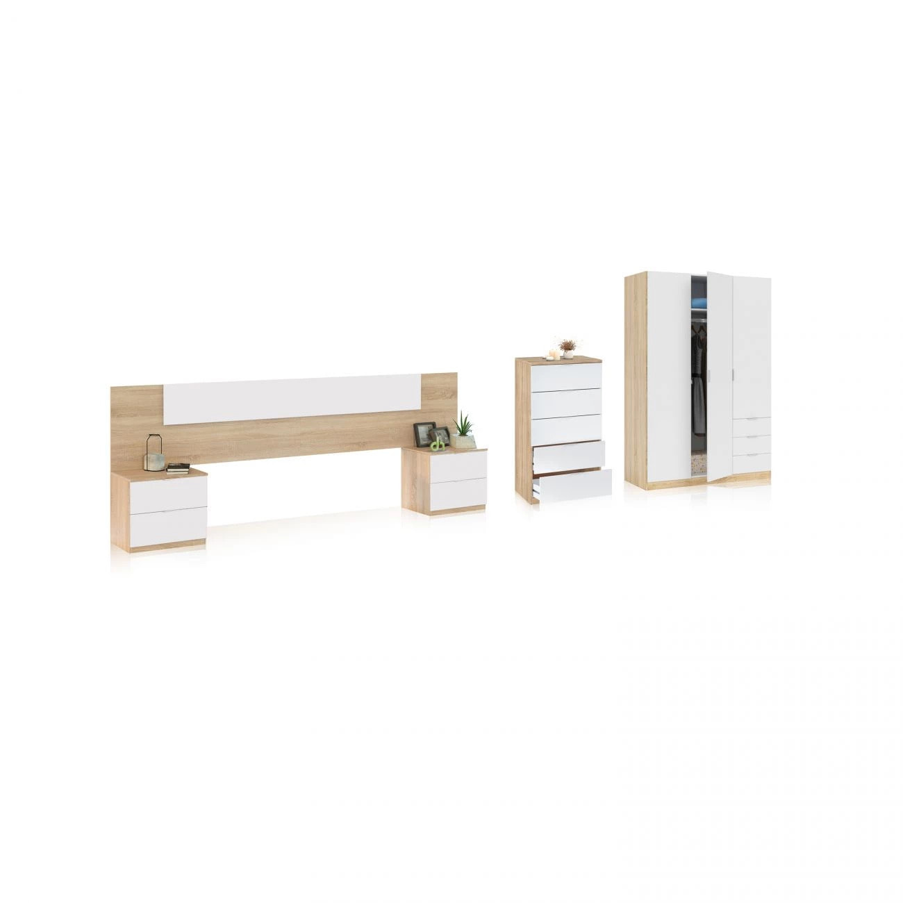 Dormitorio compuesto por 5 piezas en blanco artik y roble canadian Akari 5C Plus Blanco Artik (Blanco Mate) - Roble Canadian