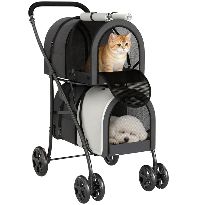 Carrito Doble para Perros Gatos Cochecito Plegable para Mascotas con 2 Transportines Extraíbles Cinturón de Seguridad Bolsillos Laterales y 2 Cojines Cada Carga 10 kg 66x50x98 cm Gris Oscuro