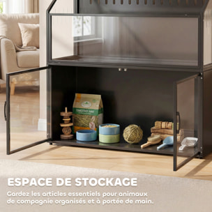 Cage hamster rongeur armoire 2 portes 2 en 1 acier noir acrylique transparent toit ouvrant