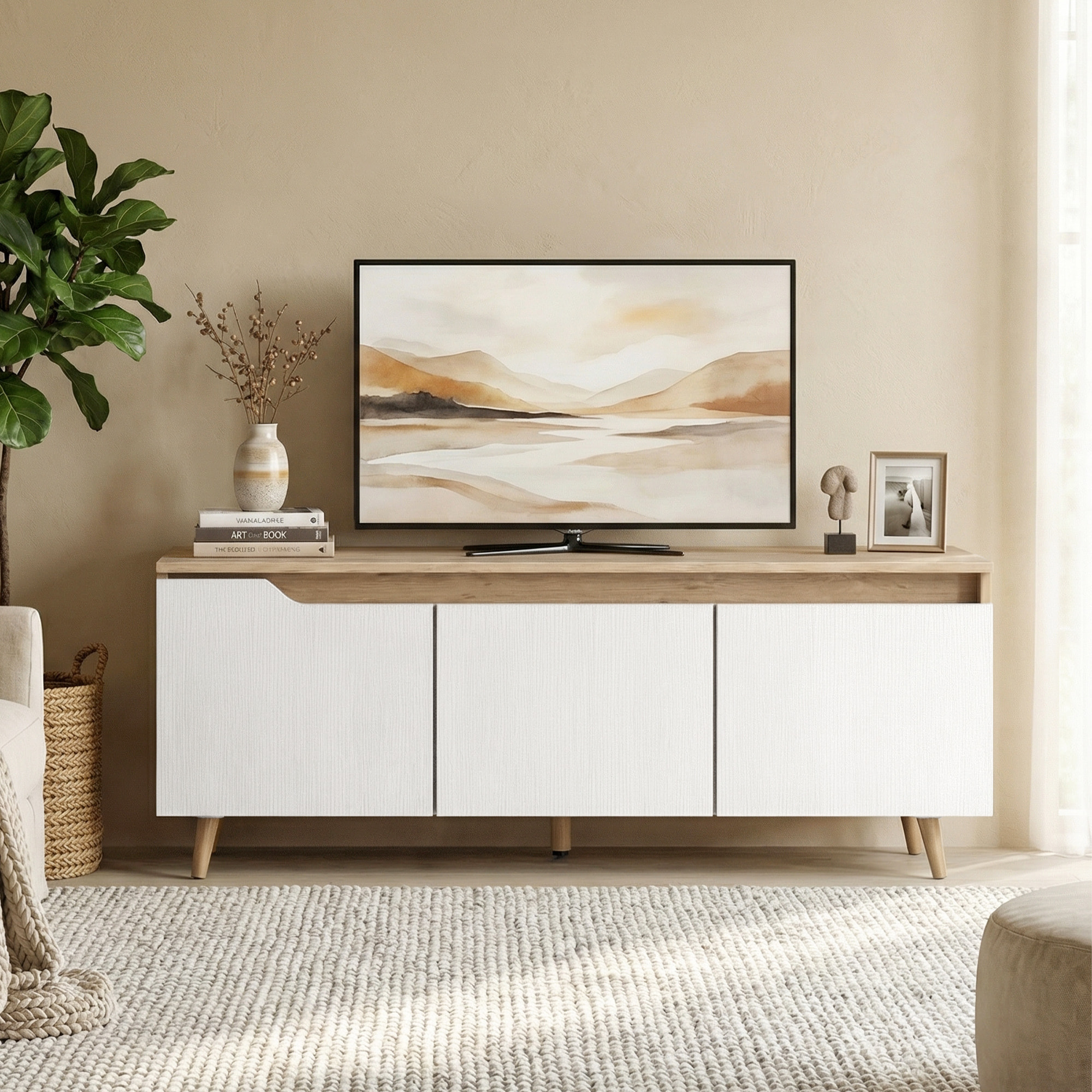 Mueble de TV, Mesa de TV para Salón, con 3 Puertas, para Televisión de 55 Pulgadas, Estilo Moderno, 120x35x45,5 cm, Roble y Blanco