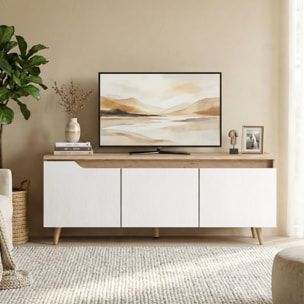 Mueble de TV, Mesa de TV para Salón, con 3 Puertas, para Televisión de 55 Pulgadas, Estilo Moderno, 120x35x45,5 cm, Roble y Blanco