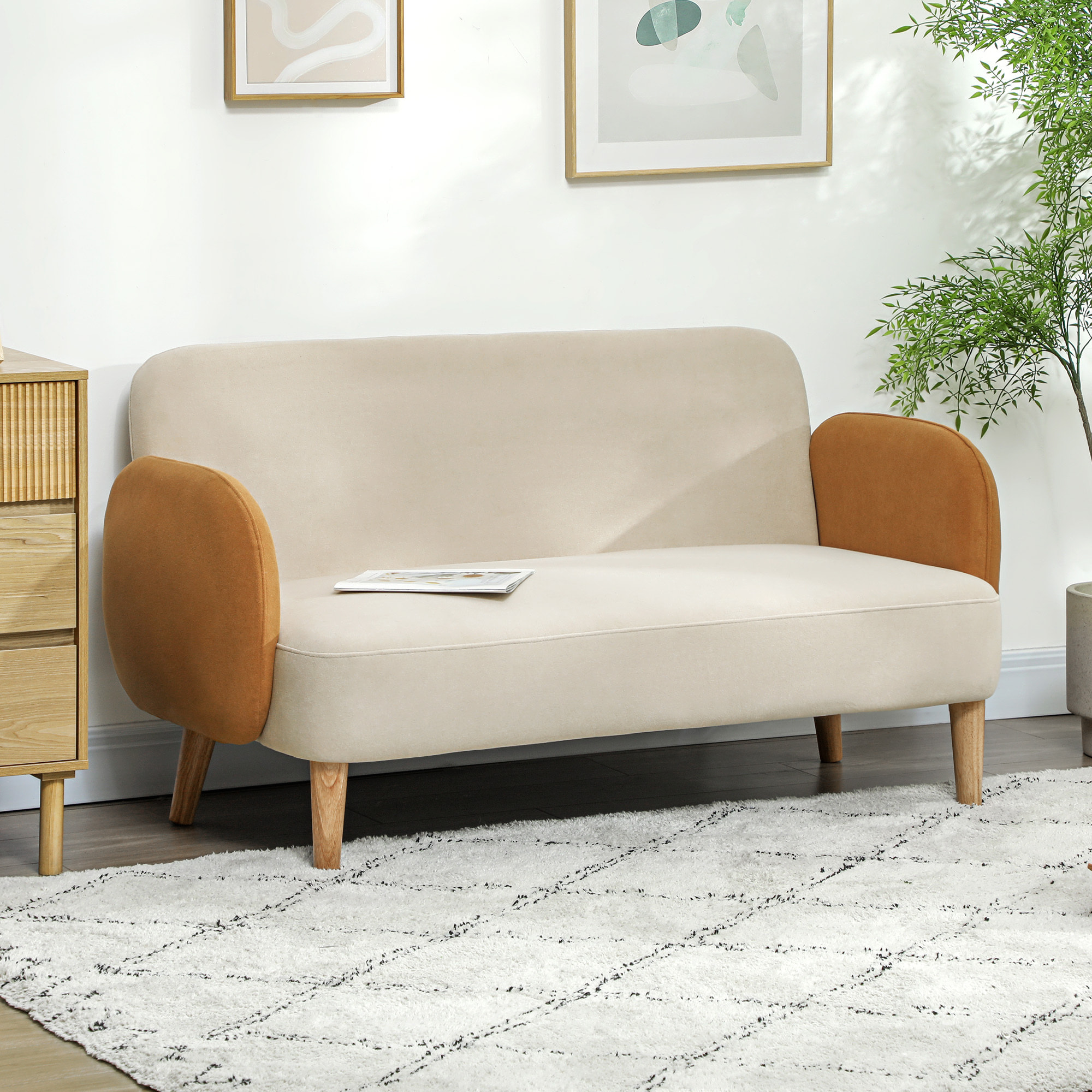 Sofá de 2 Plazas Tapizado en Terciopelo Sofá de Salón con Reposabrazos y Patas de Madera Sofá Pequeño Carga 240 kg para Dormitorio Oficina 130x74x76 cm Crema