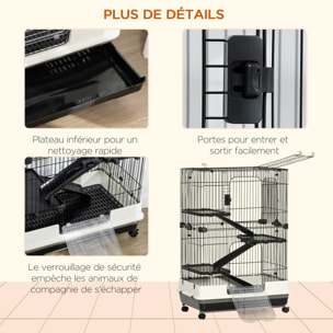 PawHut Cage pour cochons d'Inde chinchilla rongeur sur roulettes - 3 étages, rampes, 2 portes + trappe, plateau excrément amovible - métal PP noir gris