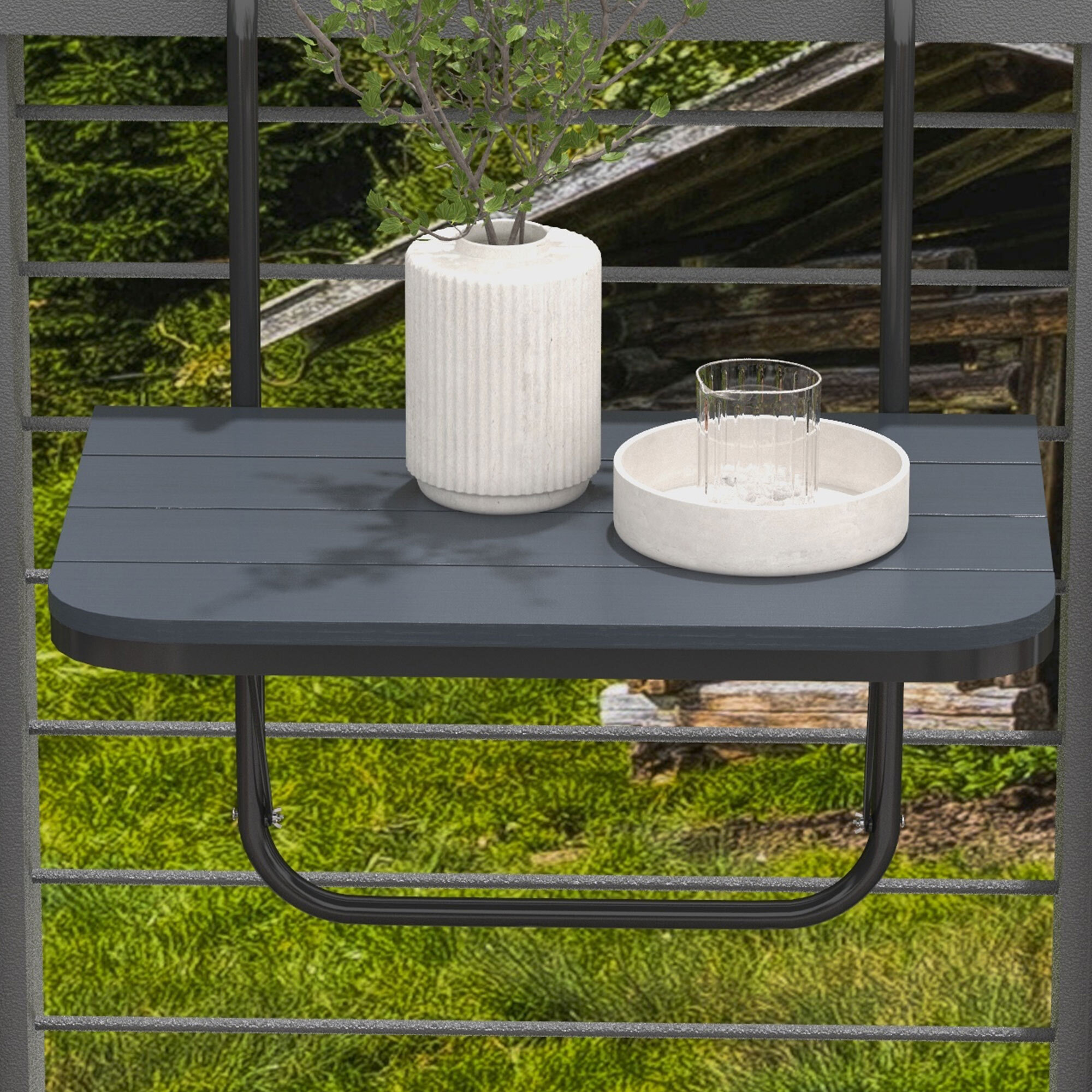 Mesa Colgante de Balcón, Mesa Plegable para Balcón de Aluminio para Barandilla, con Altura Ajustable en 4 Niveles, Adaptable a 4 Anchos, Carga 25 kg, para Jardín, 60x40x55-64 cm, Negro