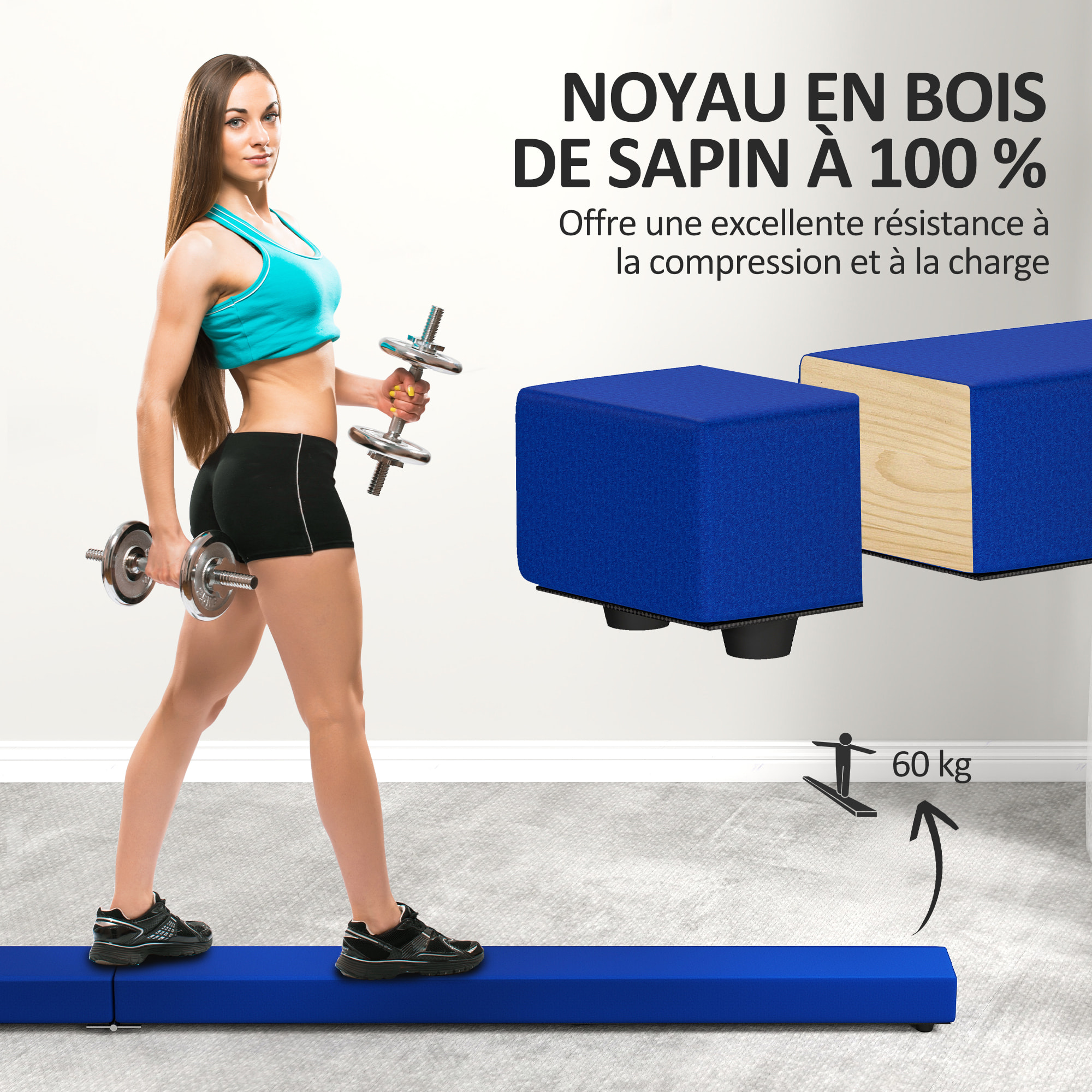 Poutre gymnastique pliable 210 cm - poutre d'équilibre antidérapante - bois de pin revêtement flanelle bleu