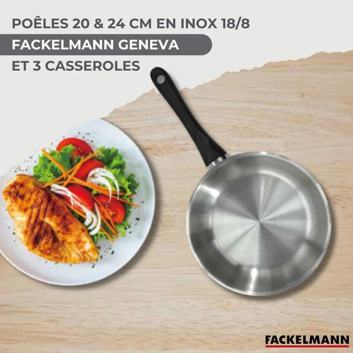 Lot de 2 Poêles et Casseroles 12/16/20 cm Fackelmann Geneva avec 5 ustensiles Vario