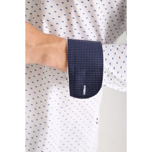 Camicia Uomo 1 Bottone Francese Slim Popeline Stretch Stampato Bianco e Blu