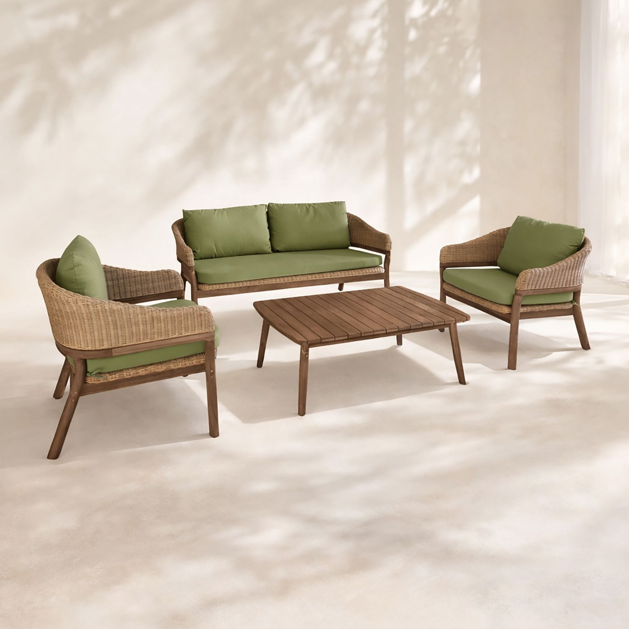 Salon de jardin 4 places en bois d'acacia foncé et résine tressée kaki ALHAMBRA