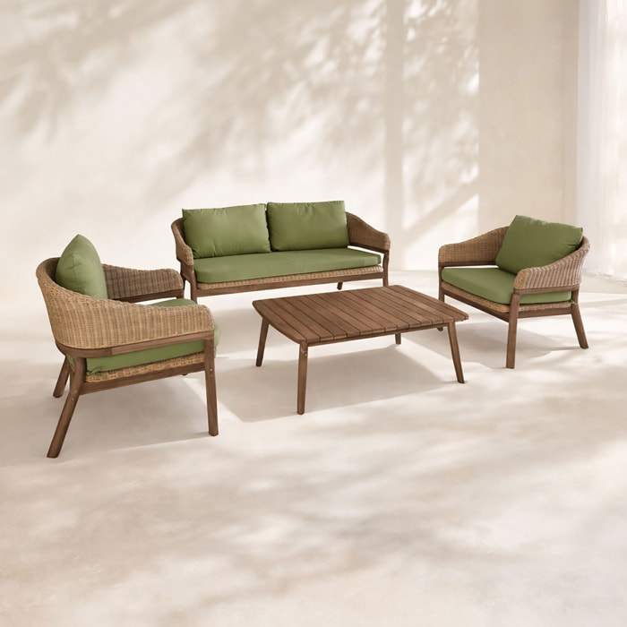 Salon de jardin 4 places en bois d'acacia foncé et résine tressée kaki ALHAMBRA