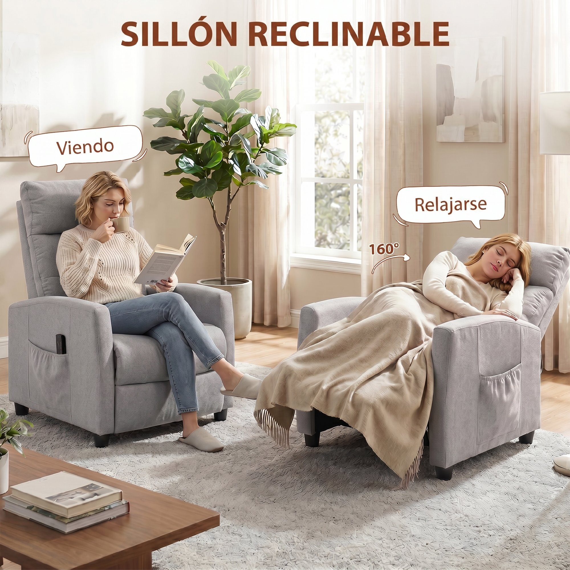 Sillón de Masaje, Sillón Relax Reclinable 160° con Mando a Distancia, Reposapiés, 2 Zonas de Masaje, Respaldo Alto, Asiento de Muelles, Bolsillos, Tapizado en Chenilla, 66x91x108 cm Gris Claro