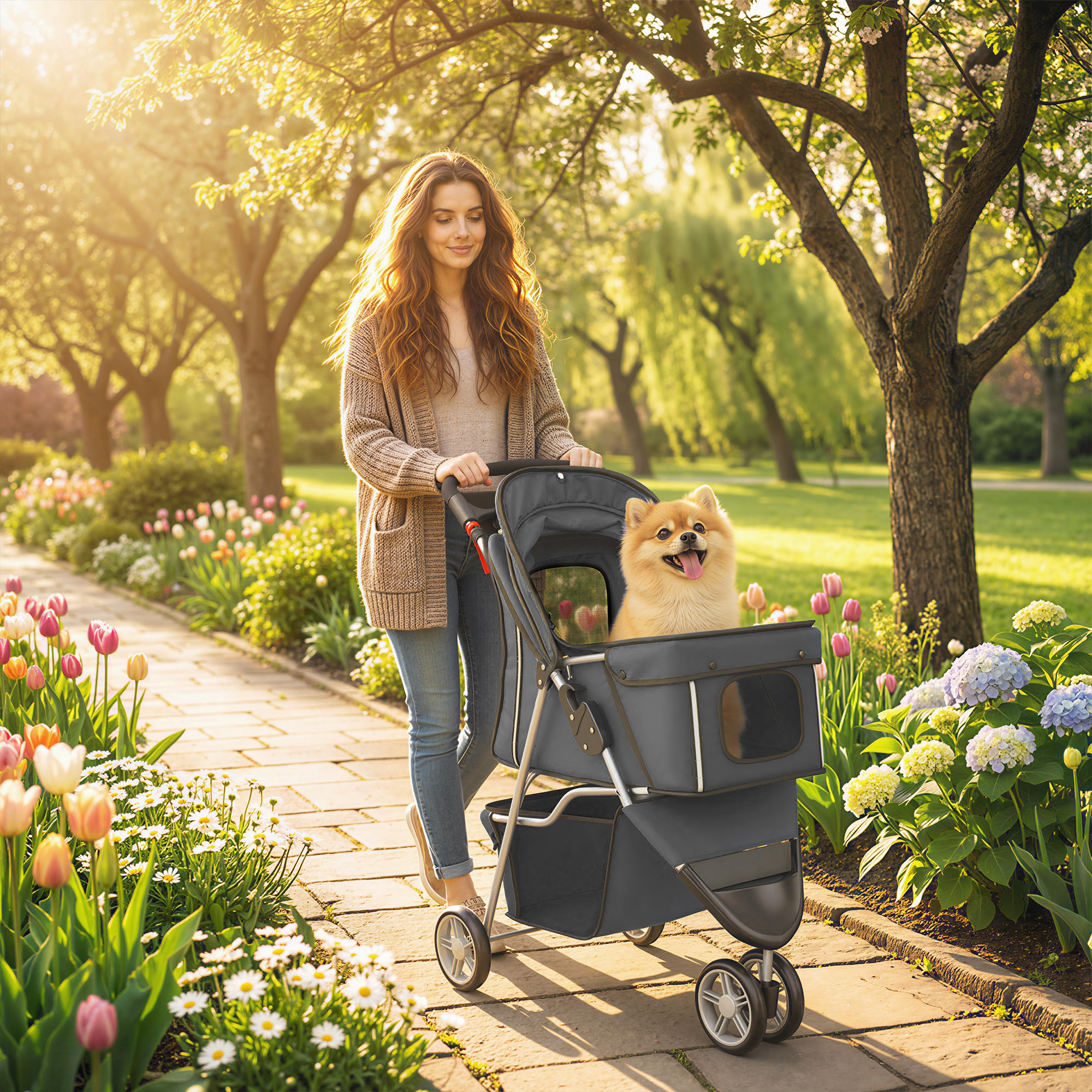 Carrito para Perros Plegable, Cochecito para Perros Pequeños con Cesta de Almacenaje, Ventanas de Malla, Portavasos y Ruedas, Carga 10 kg, 77x44x102 cm, Gris Oscuro