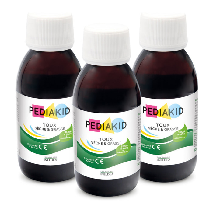 PEDIAKID - Toux Sèche & Grasse - Formule Exclusive au Sirop d'Agave - Calme la Toux - Soulage l'irritations de la Gorge - Arôme Naturel Citron - Lot de 3 flacons 125 ml