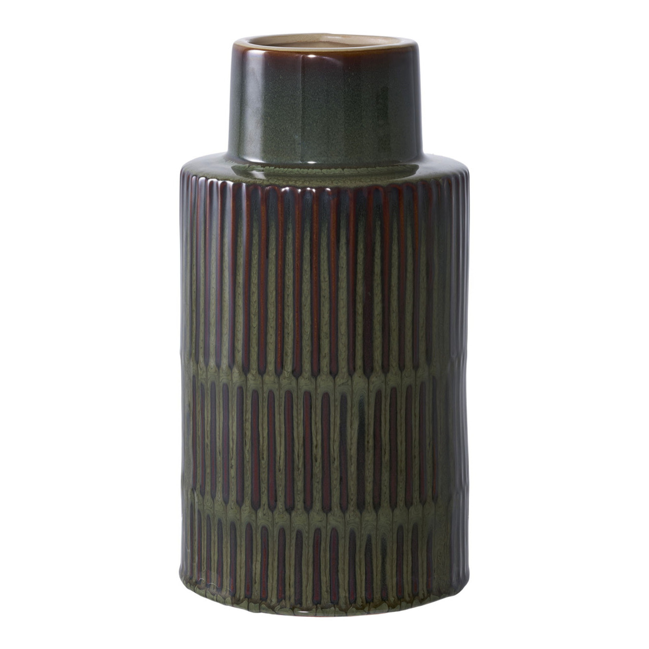 Vaso in ceramica verde e marrone con scanalature verticali ø16×h30 cm