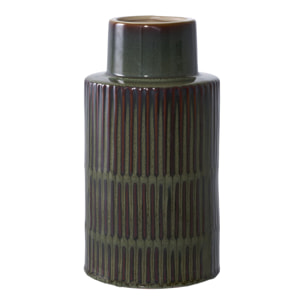 Vaso in ceramica verde e marrone con scanalature verticali ø16×h30 cm