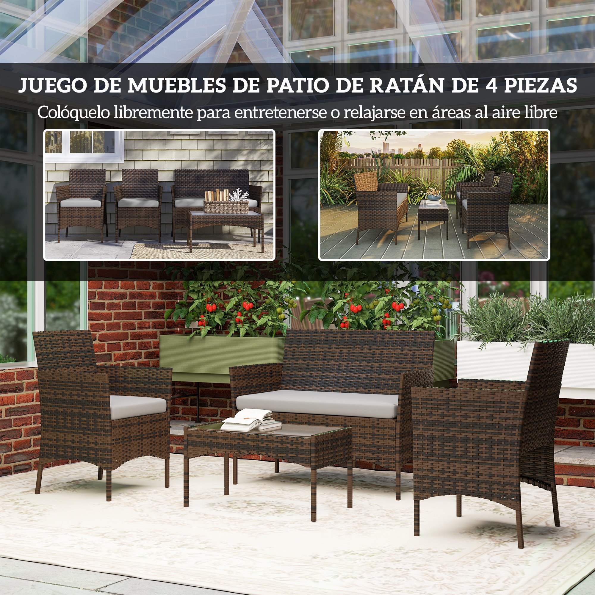 Conjunto Jardín Exterior de Ratán con Cojines Conjunto Terraza Resistente a la Intemperie Muebles Jardín Exterior con 2 Sillones Sofá de 2 Plazas Mesa con Cristal Marrón y Gris
