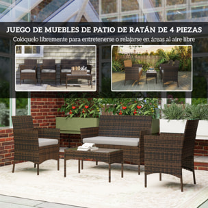 Conjunto Jardín Exterior de Ratán con Cojines Conjunto Terraza Resistente a la Intemperie Muebles Jardín Exterior con 2 Sillones Sofá de 2 Plazas Mesa con Cristal Marrón y Gris