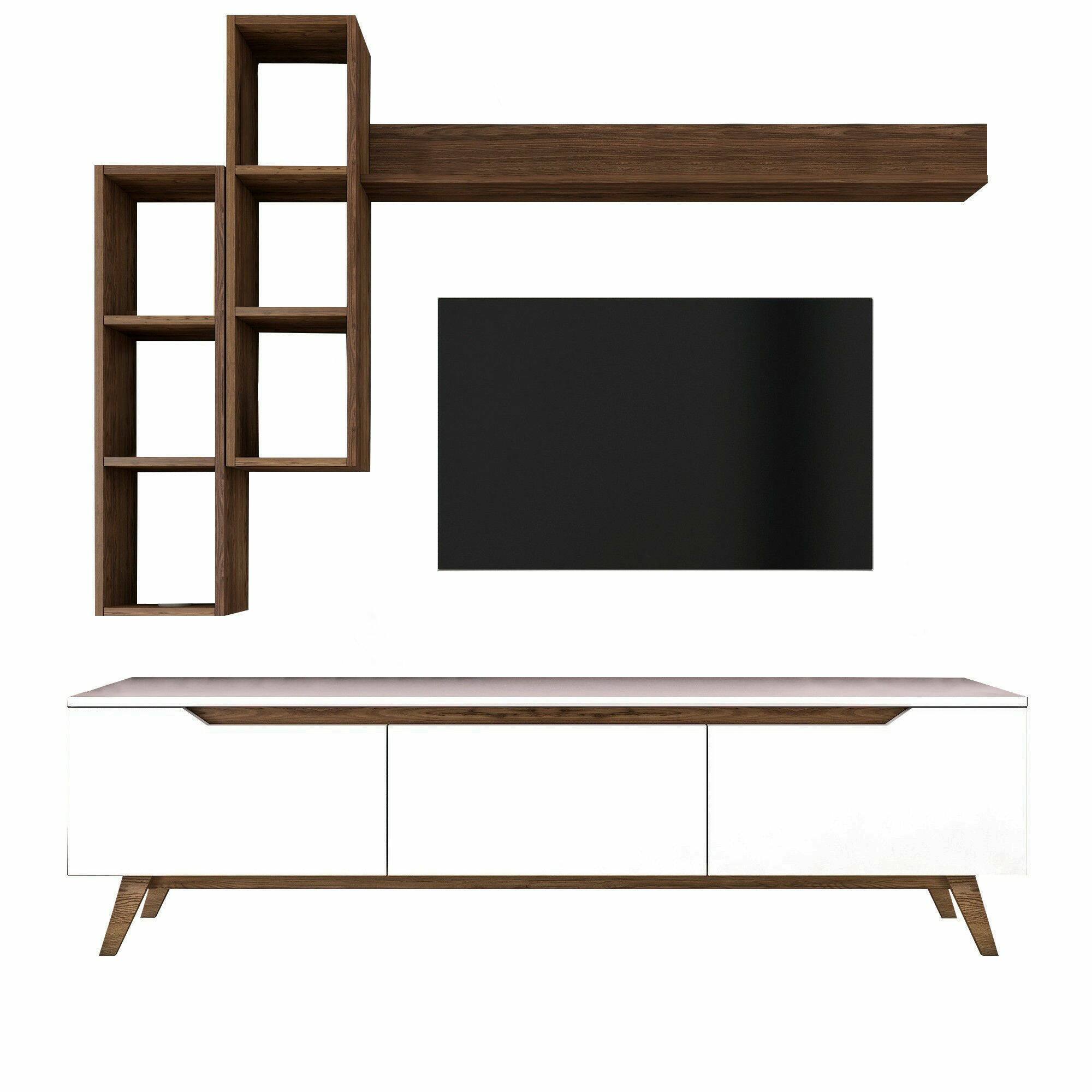 Mobile porta TV Dleonard, Credenza da soggiorno, Armadio basso per TV, Base parete attrezzata, 180x35h49 cm, Bianco e Noce