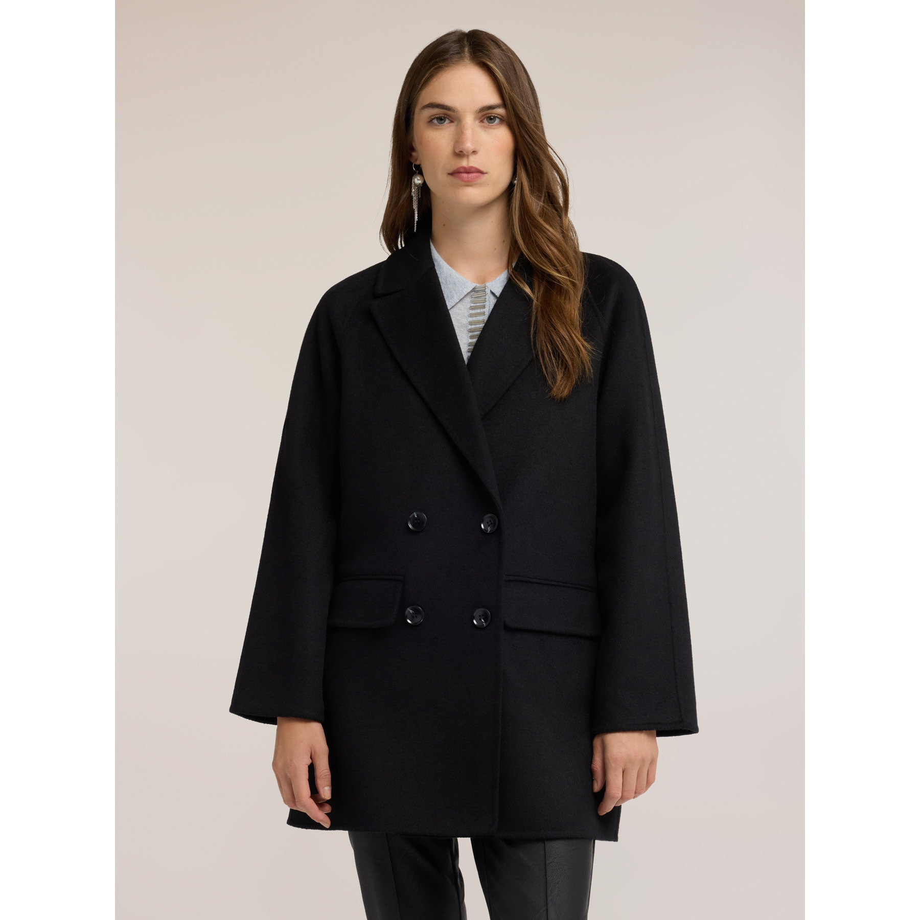 Motivi - Cappotto doppiopetto in double misto lana - Nero