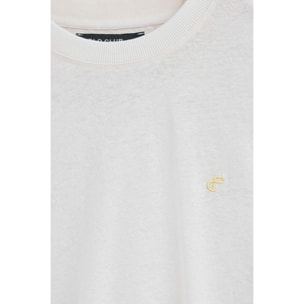 Camiseta blanca en lino y algodón de cuello redondo y monograma bordado