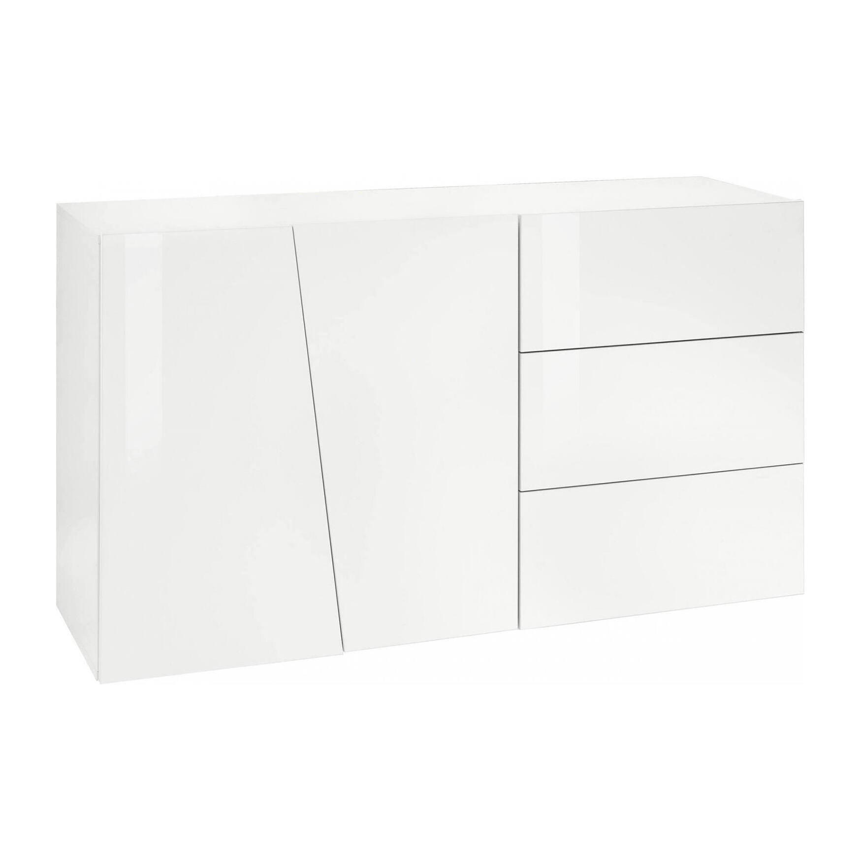 Credenza moderna a 2 ante e 3 cassetti, Made in Italy, Madia da cucina, Buffet di design da soggiorno, cm 141x43h86, colore Bianco lucido