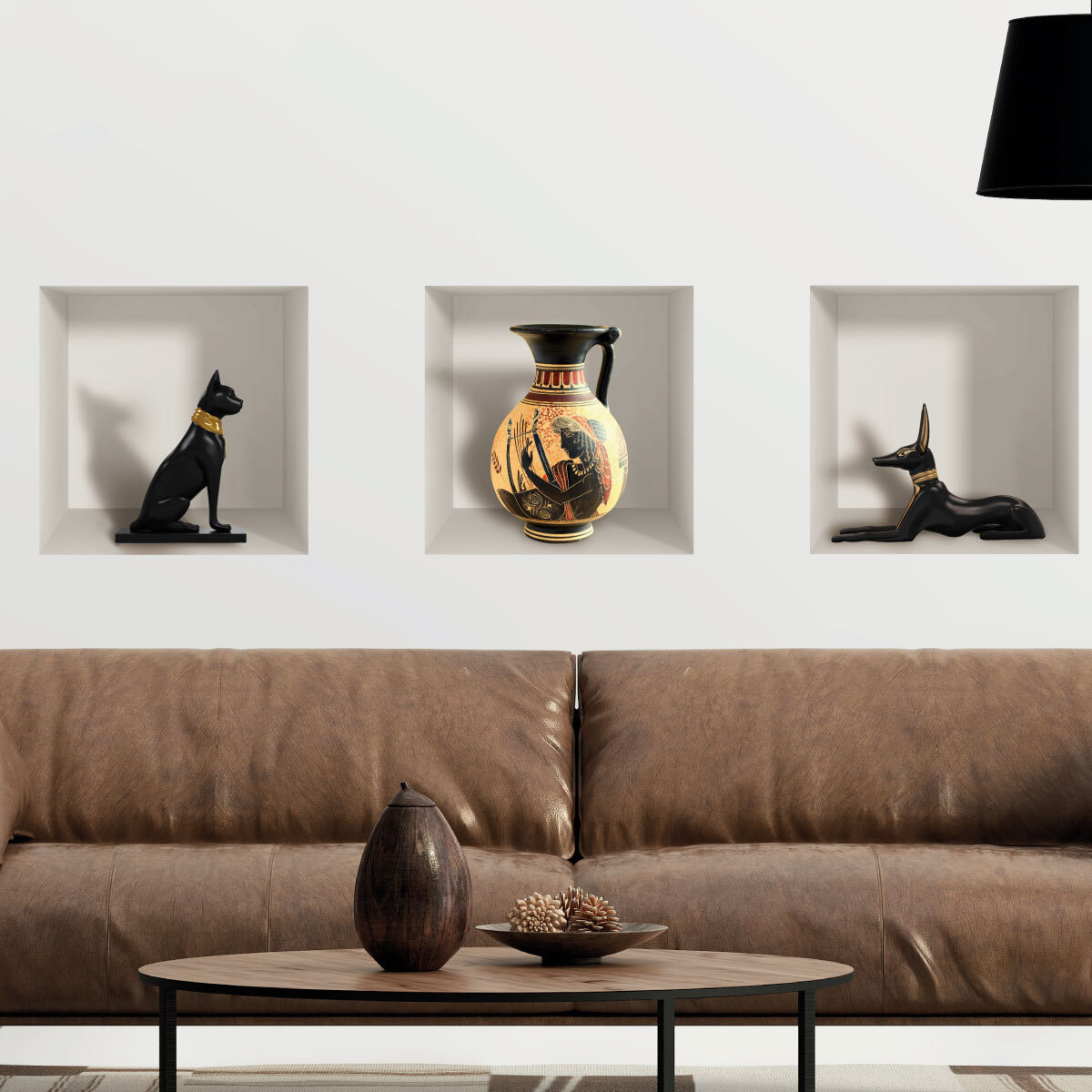 Stickers muraux 3D | Sticker Mural Autocollant effet 3D statuettes animaux et vase égyptien - Stickers adhésifs 3D Chambre Salon Trompe l'oeil