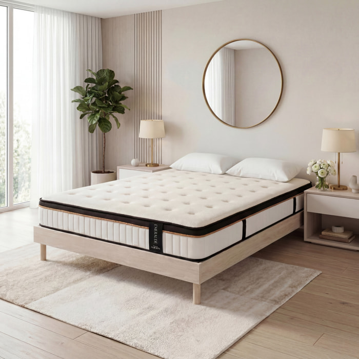 Ensemble Matelas Émeraude & Sommier Kit Bois, Mémoire de Forme & Air System, 25 cm, Accueil Moelleux, Soutien Ferme, Lattes Actives