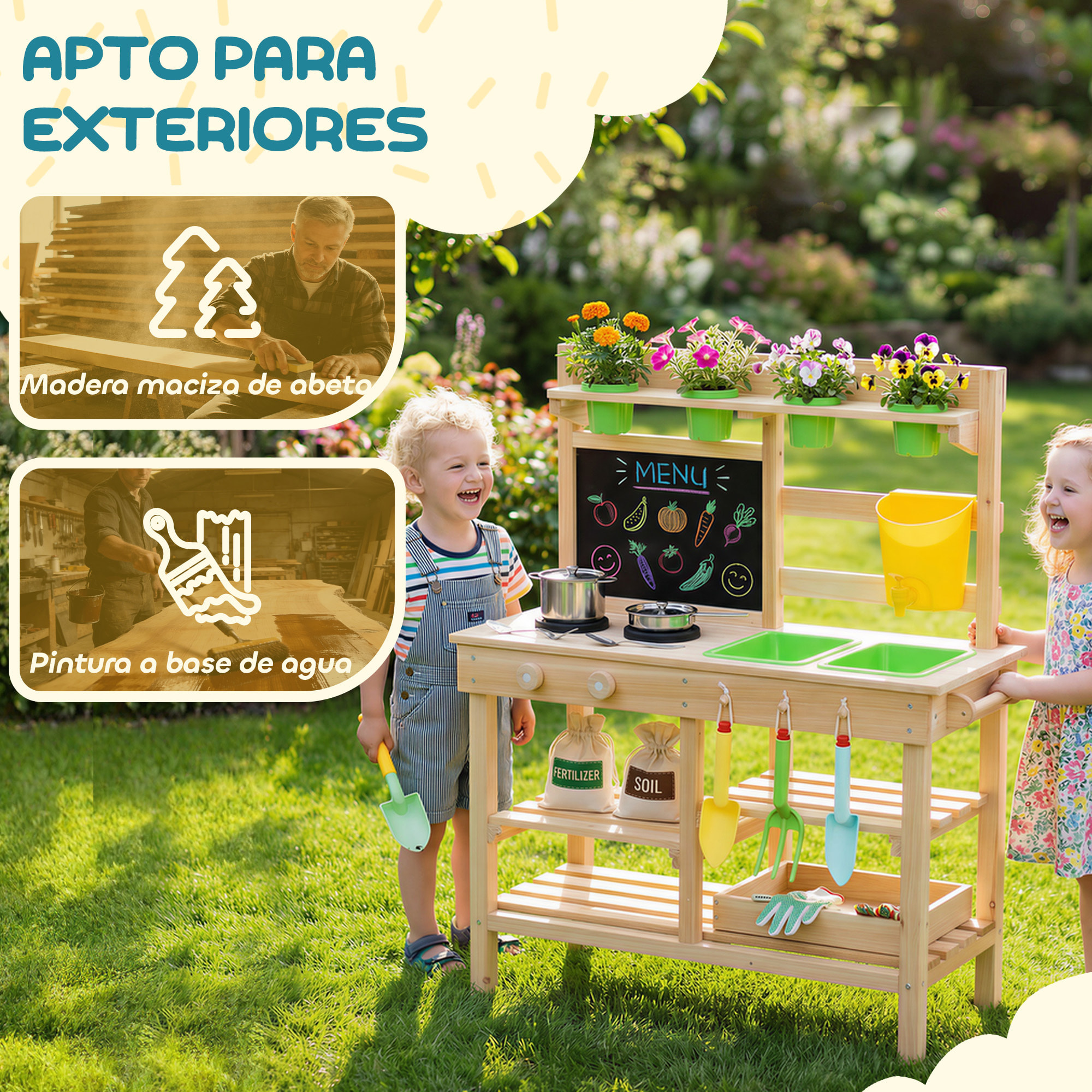 Cocina de Juguete Exterior, Cocinita Infantil de Madera con Macetas, Fregaderos, Grifo, Utensilios de Acero Inoxidable, Pizarra, Estantes, Ganchos, Juguetes para Niños 3-6 Años, Natural