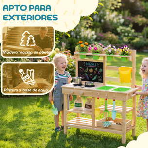 Cocina de Juguete Exterior, Cocinita Infantil de Madera con Macetas, Fregaderos, Grifo, Utensilios de Acero Inoxidable, Pizarra, Estantes, Ganchos, Juguetes para Niños 3-6 Años, Natural
