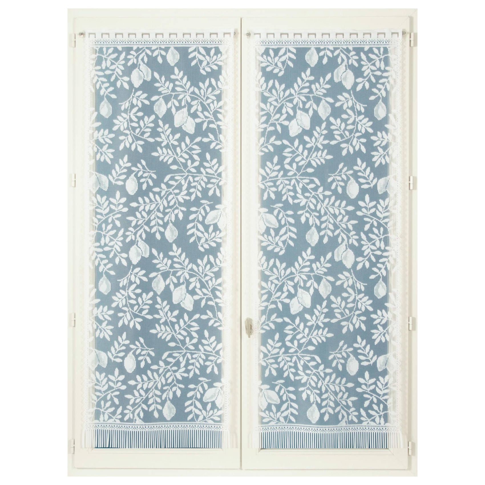 Paire de vitrages frangés dentelle motif feuillage et fruits - Blanc