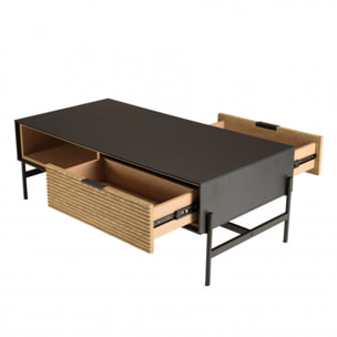 CHARLIE - Table basse marron et noire 2 tiroirs 1 niche Pin pieds métal