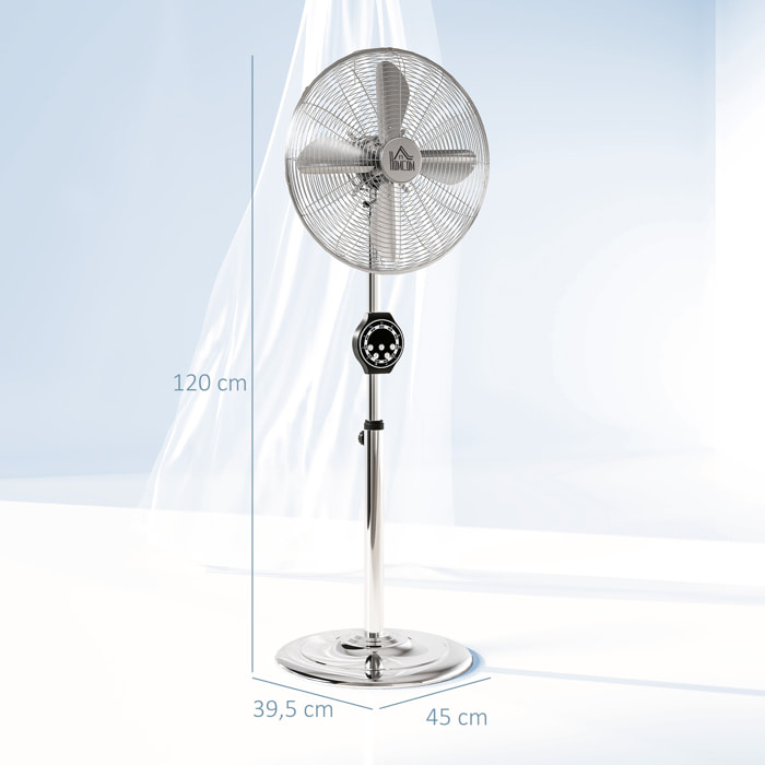Ventilateur sur pied 50W oscillant réglable H.120-135 cm 3 vitesses timer télécommande 4 pales métal
