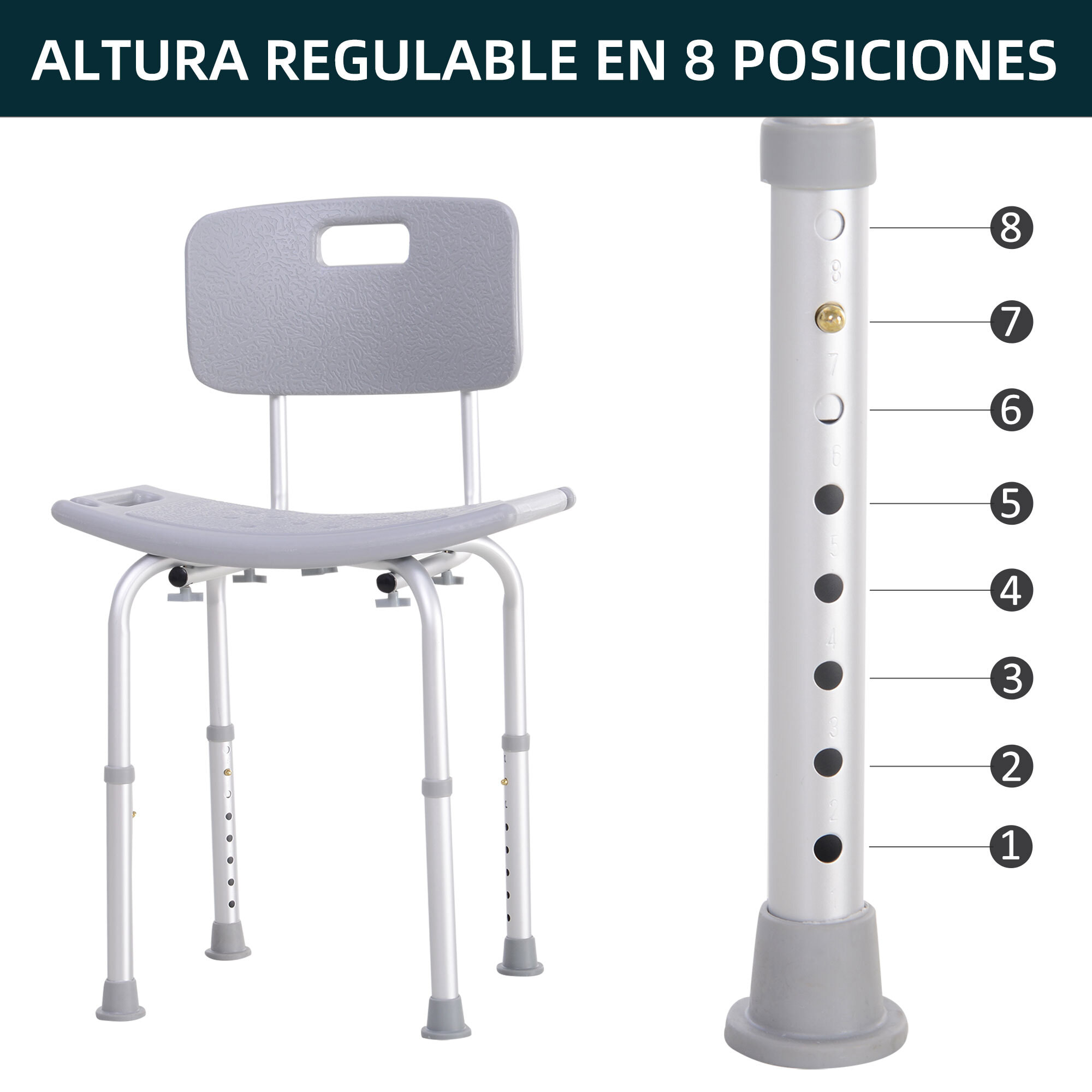 Silla de Ducha Taburete Baño Asiento con Respaldo Altura Regulable Gris NUEVO