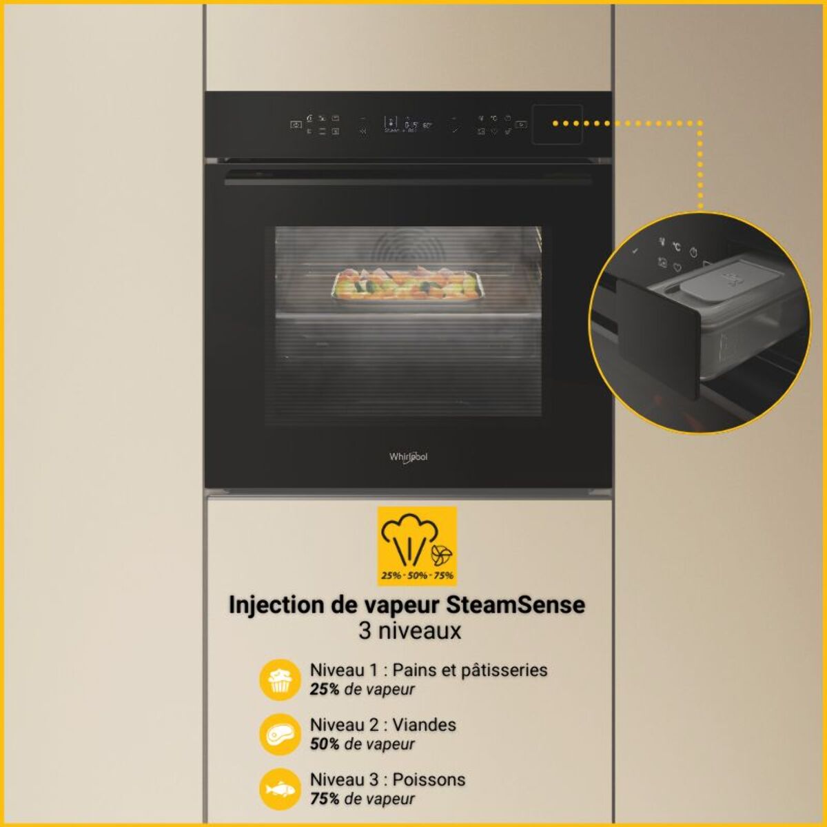 Four encastrable fonction vapeur WHIRLPOOL WOI7A8FPT1SBAF - Pyrolyse - Chaleur tournante - Combiné vapeur - Porte froide