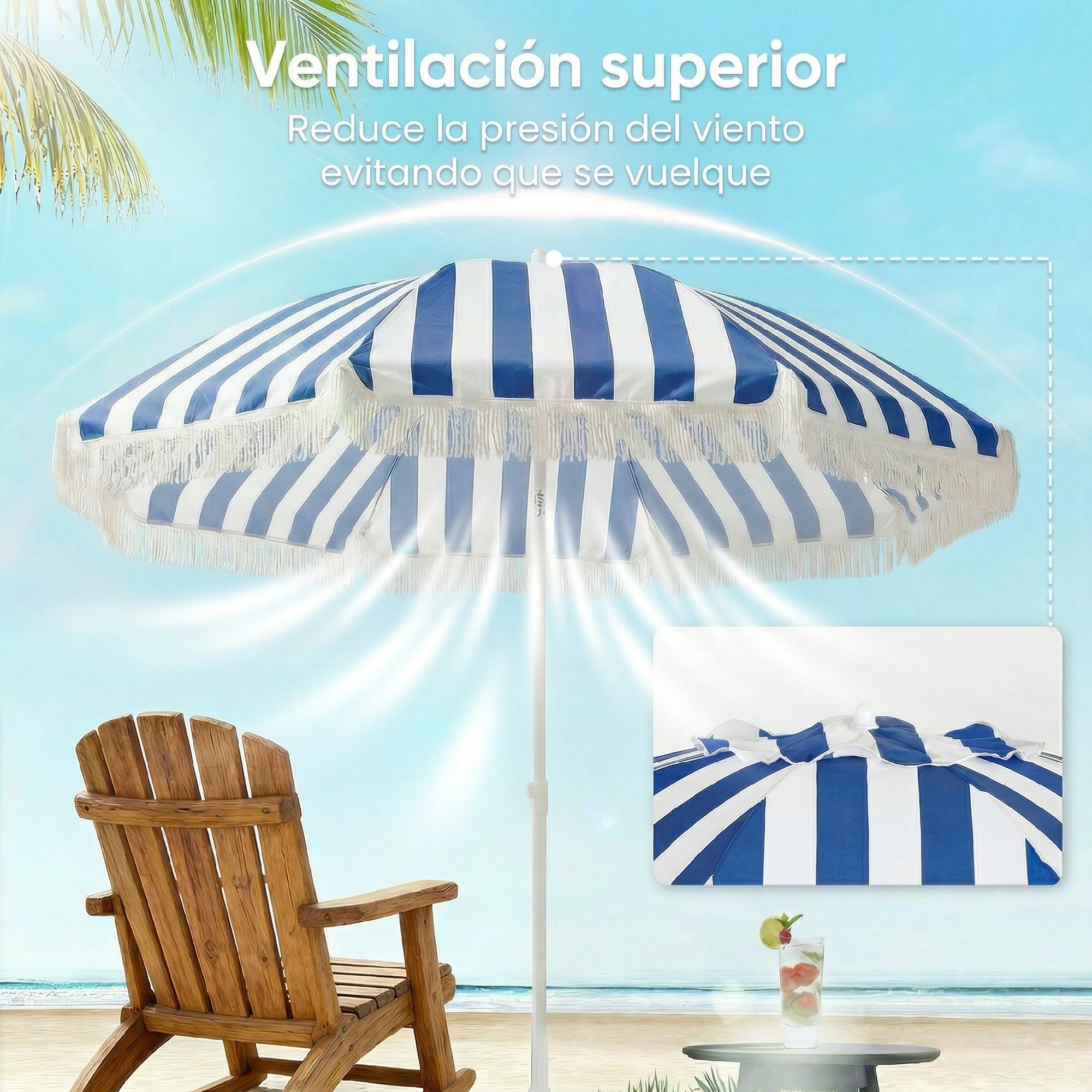 Sombrilla de Playa con Flecos Ø180 cm, Sombrilla de Terraza Exterior con Altura Ajustable, Inclinación 30°, Anclaje Arena y Bolsa de Transporte, Azul y Blanco