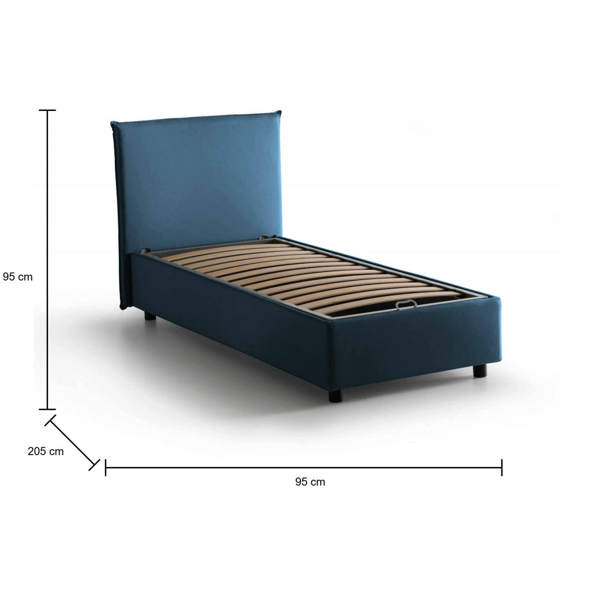 Letto singolo Bruna, Letto contenitore con rivestimento in tessuto, 100% Made in Italy, Apertura frontale, adatto per materasso Cm 80x190, Blu