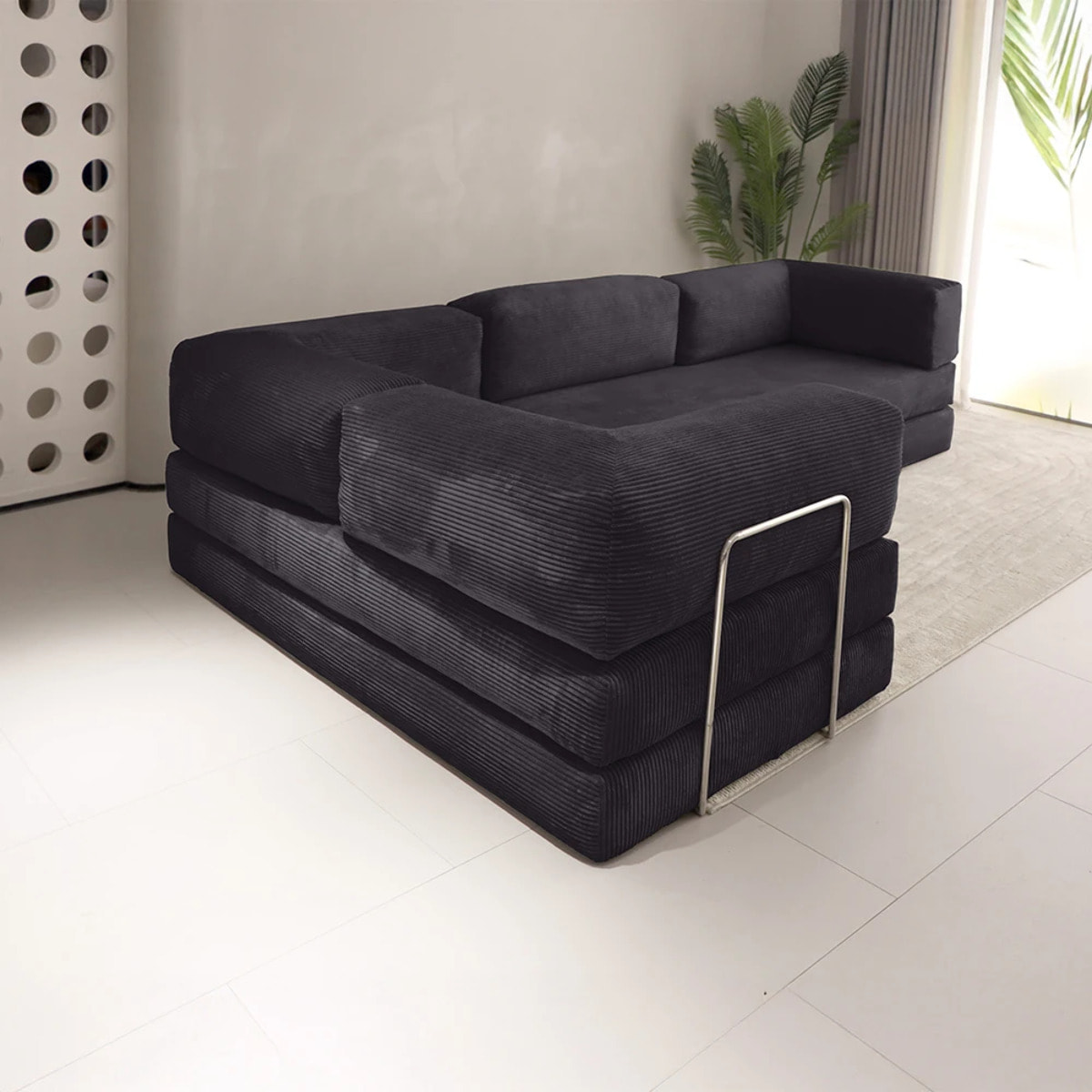 TRENDY - Canapé compressé 5 places angle modulable en velours côtelé anthracite