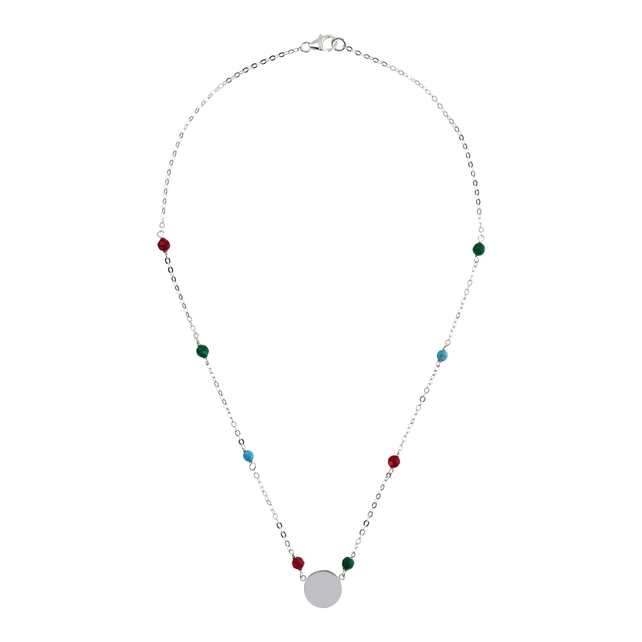 Collana Catena Rolo con Howlite e Quarzite Multicolore e Pendente Tondo Argentato in Argento 925 placcato Rodio