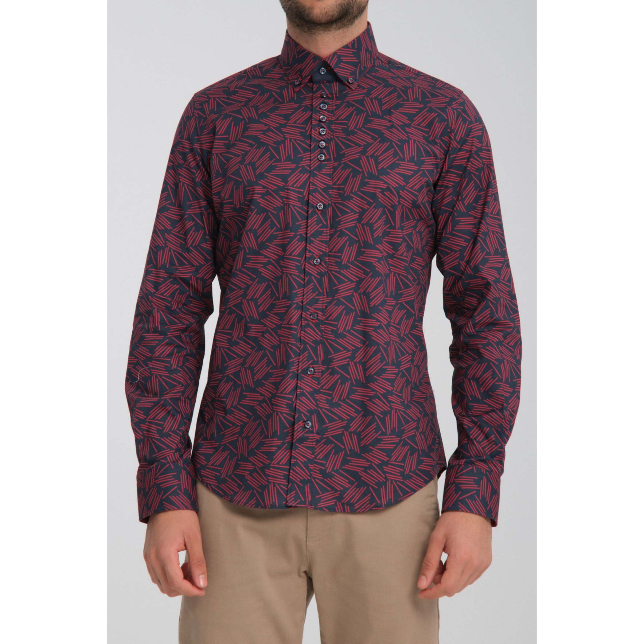 Camicia Uomo 1 Bottoni Button Down Slim Popeline Stretch Stampato Blu\Rosso