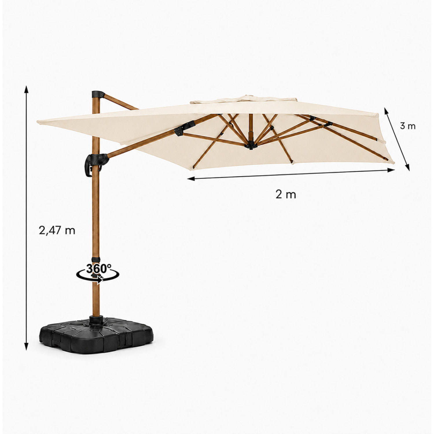 Parasol rectangulaire 2x3m déporté rotatif écru structure effet bois OTA