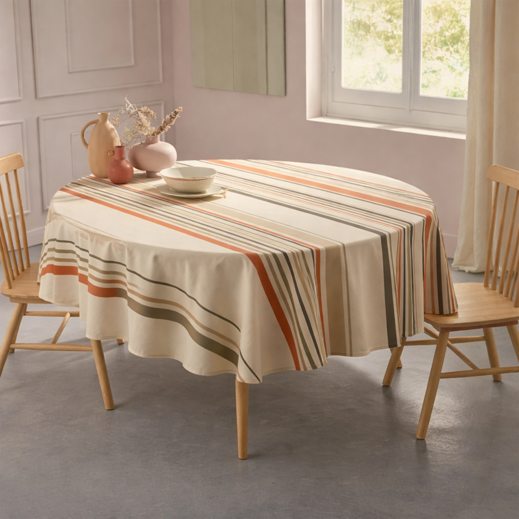 Nappe ronde coton enduit rayures basque - Beige