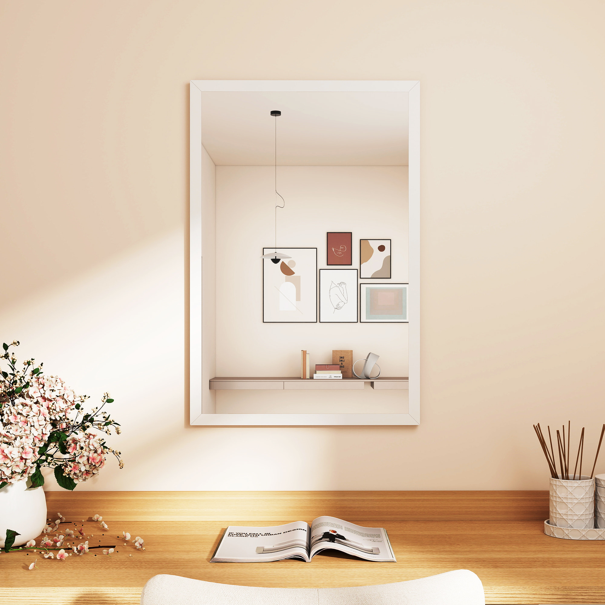 Miroir mural rectangulaire dim. 40L x 60H cm cadre bois blanc