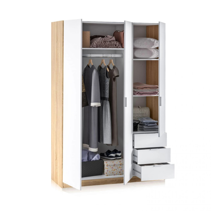 Armario Hexa 3 puertas 3 cajones Blanco Artik (Blanco Mate) - Roble Canadian